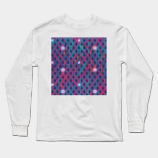 Icy Maple leaves and tiny trees on a faded denim blue and magenta leaf background Long Sleeve T-Shirt